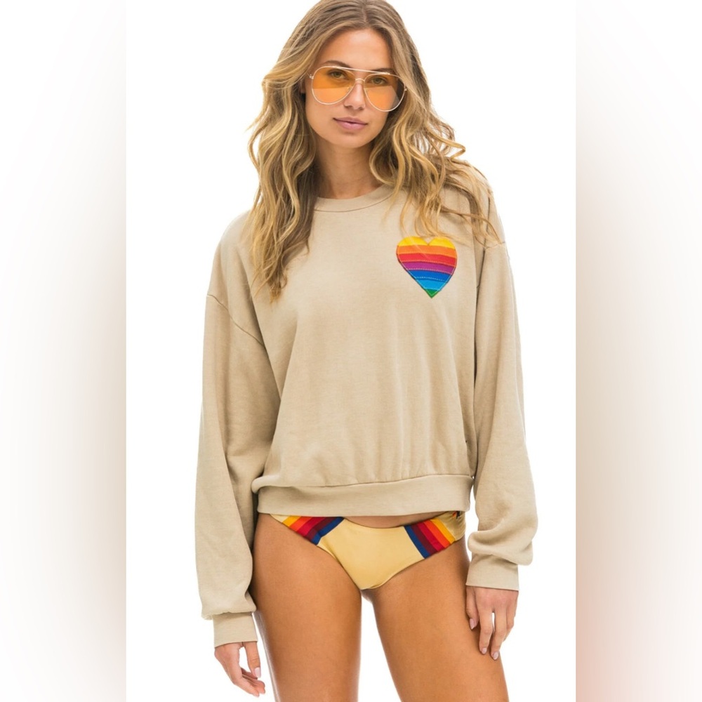 Aviator Nation RAINBOW HEART STITCH RELAXED CREW SWEATSHIRT - SAND size xs